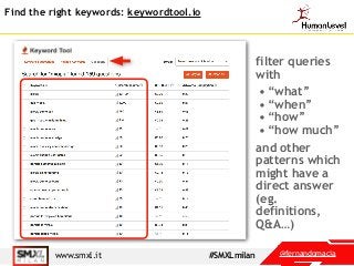 Find the right keywords: keywordtool.io
@fernandomaciawww.smxl.it #SMXLmilan
filter queries
with
• “what”
• “when”
• “how”...
