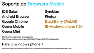 Soporte de Browsers Mobile
http://caniuse.com/css-mediaqueries
http://www.quirksmode.org/mobile/tableViewport.html#mediaqueries
iOS Safari
Android Browser
Google Chrome
Opera Mobile
Opera Mini
Symbian
Firefox
BlackBerry (Webkit)
IE windows phone 7.5+
Para IE windows phone 7
http://blogs.msdn.com/b/iemobile/archive/2010/12/08/targeting-mobile-optimized-css-at-windows-phone-7.aspx
 