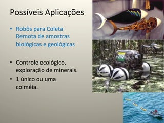 Possíveis	
  Aplicações	
  
•  Robôs	
  para	
  Coleta	
  
   Remota	
  de	
  amostras	
  
   biológicas	
  e	
  geológicas	
  
                                       Robô tuna (MIT)



•  Controle	
  ecológico,	
  
   exploração	
  de	
  minerais.	
  
•  1	
  único	
  ou	
  uma	
  
   colméia.	
  
 
