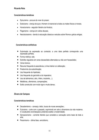 Ricardo Reis
Características temáticas
Epicurismo - procura do viver do prazer;
Estoicismo - crença de que o Homem é insensível a todos os males físicos e morais;
Horacionismo - seguidor literário de Horácio;
Paganismo - crença em vários deuses;
Neoclacissismo - devido à educação clássica e estudos sobre Roma e grécia antigas;

Características estilísticas
Submissão da expressão ao conteúdo: a uma ideia perfeita corresponde uma
expressão perfeita;
Forma métrica: ode;
Estrofes regulares em verso decassílabo alternadas ou não com hexassílabo;
Verso branco;
Recurso frequente à assonância, à rima interior e à aliteração;
Predomínio da subordinação;
Uso frequente do hipérbato;
Uso frequente do gerúndio e do imperativo;
Uso de latinismos ( atro, ínfero, insciente,...);
Metáforas, ufemismos, comparações;
Estilo construído com muito rigor e muito denso;

Álvaro de Campos
Características temáticas
Decadentismo – cansaço, tédio, busca de novas sensações ;
Futurismo - corte com o passado, exprimindo em arte o dinamismo da vida moderna.
O vocabulário onomatopaico pretende exaltar a modernidade;
Sensacionismo - corrente literária que considera a sensação como base de toda a
arte;
Pessimismo – última fase, vencidismo;

11

 
