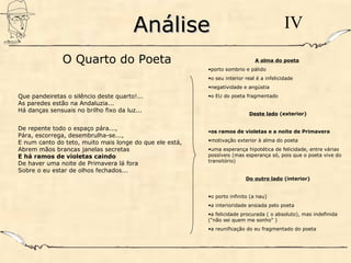 AnáliseAnálise IV
Que pandeiretas o silêncio deste quarto!...
As paredes estão na Andaluzia...
Há danças sensuais no brilho fixo da luz...
De repente todo o espaço pára...,
Pára, escorrega, desembrulha-se...,
E num canto do teto, muito mais longe do que ele está,
Abrem mãos brancas janelas secretas
E há ramos de violetas caindo
De haver uma noite de Primavera lá fora
Sobre o eu estar de olhos fechados...
A alma do poeta
•porto sombrio e pálido
•o seu interior real é a infelicidade
•negatividade e angústia
•o EU do poeta fragmentado
Deste lado (exterior)
•os ramos de violetas e a noite de Primavera
•motivação exterior à alma do poeta
•uma esperança hipotética de felicidade, entre várias
possíveis (mas esperança só, pois que o poeta vive do
transitório)
Do outro lado (interior)
•o porto infinito (a nau)
•a interioridade ansiada pelo poeta
•a felicidade procurada ( o absoluto), mas indefinida
("não sei quem me sonho" )
•a reunificação do eu fragmentado do poeta
O Quarto do Poeta
 
