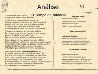 AnáliseAnálise VI
O maestro sacode a batuta,
E lânguida e triste a música rompe...
Lembra-me a minha infância, aquele dia
Em que eu brincava ao pé de um muro de quintal
Atirando-lhe com uma bola que tinha dum lado
O deslizar dum cão verde, e do outro lado
Um cavalo azul a correr com um jockey amarelo...
Prossegue a música, e eis na minha infância
De repente entre mim e o maestro, muro branco,
Vai e vem a bola, ora um cão verde,
Ora um cavalo azul com um jockey amarelo...
Todo o teatro é o meu quintal, a minha infância
Está em todos os lugares, e a bola vem a tocar música,
Uma música triste e vaga que passeia no meu quintal
Vestida de cão tornando-se jockey amarelo...
(Tão rápida gira a bola entre mim e os músicos...)
Atiro-a de encontro à minha infância e ela
Atravessa o teatro todo que está aos meus pés
A brincar com um jockey amarelo e um cão verde
E um cavalo azul que aparece por cima do muro
Do meu quintal... E a música atira com bolas
À minha infância... E o muro do quintal é feito de gestos
De batuta e rotações confusas de cães verdes
E cavalos azuis e jockeys amarelos...
A alma do poeta
•porto sombrio e pálido
•o seu interior real é a infelicidade
•negatividade e angústia
•o EU do poeta fragmentado
Deste lado (exterior)
•a infância do poeta
•motivação exterior à alma do poeta
•uma esperança hipotética de felicidade,
entre várias possíveis (mas esperança só,
pois que o poeta vive do transitório)
Do outro lado (interior)
•o porto infinito (a nau)
•a interioridade ansiada pelo poeta
•a felicidade procurada ( o absoluto), mas
indefinida ("não sei quem me sonho" )
•a reunificação do eu fragmentado do poeta
O Tempo da Infância
 