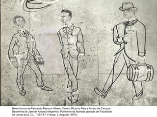 Heterónimos de Fernando Pessoa: Alberto Caeiro, Ricardo Reis e Álvaro de Campos.
Desenhos de José de Almada Negreiros. Pormenor da fachada gravada da Faculdade
de Letras da U.C.L., 1957-61. França, J. Augusto (1974)
 