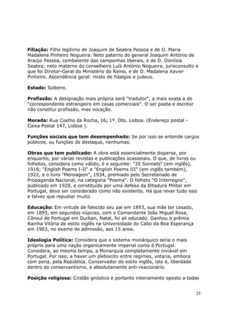 Filiação: Filho legítimo de Joaquim de Seabra Pessoa e de D. Maria
Madalena Pinheiro Nogueira. Neto paterno do general Joaquim António de
Araújo Pessoa, combatente das campanhas liberais, e de D. Dionísia
Seabra; neto materno do conselheiro Luís António Nogueira, jurisconsulto e
que foi Diretor-Geral do Ministério do Reino, e de D. Madalena Xavier
Pinheiro. Ascendência geral: misto de fidalgos e judeus.

Estado: Solteiro.

Profissão: A designação mais própria será "tradutor", a mais exata a de
"correspondente estrangeiro em casas comerciais". O ser poeta e escritor
não constitui profissão, mas vocação.

Morada: Rua Coelho da Rocha, 16, 1º. Dto. Lisboa. (Endereço postal -
Caixa Postal 147, Lisboa ).

Funções sociais que tem desempenhado: Se por isso se entende cargos
públicos, ou funções de destaque, nenhumas.

Obras que tem publicado: A obra está essencialmente dispersa, por
enquanto, por várias revistas e publicações ocasionais. O que, de livros ou
folhetos, considera como válido, é o seguinte: "35 Sonnets" (em inglês),
1918; "English Poems I-II" e "English Poems III" (em inglês também),
1922, e o livro "Mensagem", 1934, premiado pelo Secretariado de
Propaganda Nacional, na categoria "Poema". O folheto "O Interregno",
publicado em 1928, e constituído por uma defesa da Ditadura Militar em
Portugal, deve ser considerado como não existente. Há que rever tudo isso
e talvez que repudiar muito.

Educação: Em virtude de falecido seu pai em 1893, sua mãe ter casado,
em 1895, em segundas núpcias, com o Comandante João Miguel Rosa,
Cônsul de Portugal em Durban, Natal, foi ali educado. Ganhou o prêmio
Rainha Vitória de estilo inglês na Universidade do Cabo da Boa Esperança
em 1903, no exame de admissão, aos 15 anos.

Ideologia Política: Considera que o sistema monárquico seria o mais
próprio para uma nação organicamente imperial como é Portugal.
Considera, ao mesmo tempo, a Monarquia completamente inviável em
Portugal. Por isso, a haver um plebiscito entre regimes, votaria, embora
com pena, pela República. Conservador do estilo inglês, isto é, liberdade
dentro do conservantismo, e absolutamente anti-reacionário.

Posição religiosa: Cristão gnóstico e portanto inteiramente oposto a todas


                                                                            25
 