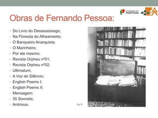 Obras de Fernando Pessoa:
• Do Livro do Desassossego;
• Na Floresta do Alheamento;
• O Banqueiro Anarquista;
• O Marinheiro;
• Por ele mesmo;
• Revista Orpheu nº01;
• Revista Orpheu nº02;
• Ultimatum;
• A Voz do Silêncio;
• English Poems I;
• English Poems II;
• Mensagem;
• 35 Sonnets;
• Antinous. Fig.15
 