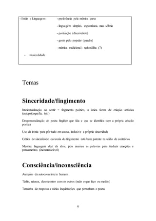 - Estilo e Linguagem: - preferência pela métrica curta 
- linguagem simples, espontânea, mas sóbria 
- pontuação (diversidade) 
- gosto pelo popular (quadra) 
- métrica tradicional: redondilha (7) 
6 
- musicalidade 
Temas 
Sinceridade/fingimento 
Intelectualização do sentir = fingimento poético, a única forma de criação artística 
(autopsicografia, isto) 
Despersonalização do poeta fingidor que fala e que se identifica com a própria criação 
poética 
Uso da ironia para pôr tudo em causa, inclusive a própria sinceridade 
Crítica de sinceridade ou teoria do fingimento está bem patente na união de contrários 
Mentira: linguagem ideal da alma, pois usamos as palavras para traduzir emoções e 
pensamentos (incomunicável) 
Consciência/inconsciência 
Aumento da autoconsciência humana 
Tédio, náusea, desencontro com os outros (tudo o que faço ou medito) 
Tentativa de resposta a várias inquietações que perturbam o poeta 
 