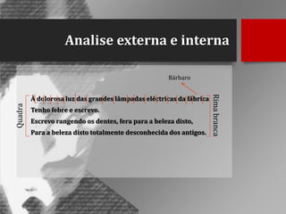 Analise externa e interna
Bárbaro

Quadra

Tenho febre e escrevo.
Escrevo rangendo os dentes, fera para a beleza disto,

Para a beleza disto totalmente desconhecida dos antigos.

Rima branca

À dolorosa luz das grandes lâmpadas eléctricas da fábrica

 