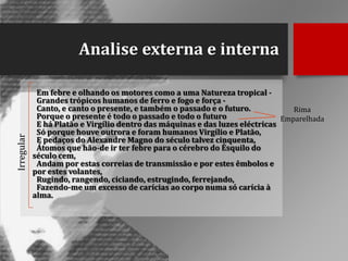 Irregular

Analise externa e interna
Em febre e olhando os motores como a uma Natureza tropical Grandes trópicos humanos de ferro e fogo e força Canto, e canto o presente, e também o passado e o futuro.
Rima
Porque o presente é todo o passado e todo o futuro
Emparelhada
E há Platão e Virgílio dentro das máquinas e das luzes eléctricas
Só porque houve outrora e foram humanos Virgílio e Platão,
E pedaços do Alexandre Magno do século talvez cinquenta,
Átomos que hão-de ir ter febre para o cérebro do Ésquilo do
século cem,
Andam por estas correias de transmissão e por estes êmbolos e
por estes volantes,
Rugindo, rangendo, ciciando, estrugindo, ferrejando,
Fazendo-me um excesso de carícias ao corpo numa só carícia à
alma.

 