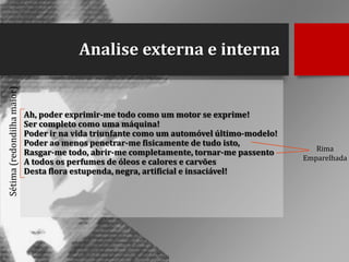 Sétima (redondilha maior)

Analise externa e interna

Ah, poder exprimir-me todo como um motor se exprime!
Ser completo como uma máquina!
Poder ir na vida triunfante como um automóvel último-modelo!
Poder ao menos penetrar-me fisicamente de tudo isto,
Rasgar-me todo, abrir-me completamente, tornar-me passento
A todos os perfumes de óleos e calores e carvões
Desta flora estupenda, negra, artificial e insaciável!

Rima
Emparelhada

 