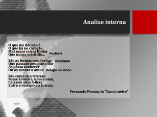Analise interna

O que me dói não é
O que há no coração
Mas essas coisas lindas
Que nunca existirão... Ausência
São as formas sem forma Ocultismo
Que passam sem que a dor
As possa conhecer
Ou as sonhar o amor. Refugio no sonho
São como se a tristeza
Fosse árvore e, uma a uma,
Caíssem suas folhas
Entre o vestígio e a bruma.
Fernando Pessoa, in "Cancioneiro"

 
