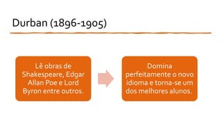 Durban (1896-1905)
Lê obras de
Shakespeare, Edgar
Allan Poe e Lord
Byron entre outros.
Domina
perfeitamente o novo
idioma e torna-se um
dos melhores alunos.
 