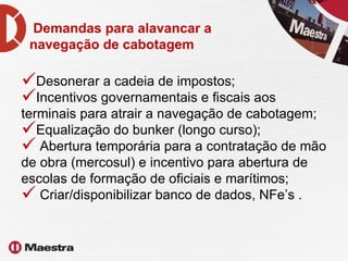 Demandas para alavancar a navegação de cabotagem Desonerar a cadeia de impostos; Incentivos governamentais e fiscais aos terminais para atrair a navegação de cabotagem; Equalização do bunker (longo curso);  Abertura temporária para a contratação de mão de obra (mercosul) e incentivo para abertura de escolas de formação de oficiais e marítimos; Criar/disponibilizar banco de dados, NFe’s . 