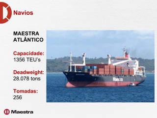 Navios MAESTRA ATLÂNTICO Capacidade: 1356 TEU’s Deadweight : 28.078 tons Tomadas: 256 
