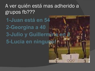 A ver quién está mas adherido a grupos fb??? 1-Juan está en 54 2-Georgina a 40 3-Julio y Guillermina en 2 5-Lucia en ninguno! 