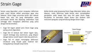 © 2023, PT. Paramesti Mitra Indonesia Copyright
Strain Gage
Sensor yang digunakan untuk mengukur deformasi
pada suatu benda akibat penerapan gaya atau
tekanan. Strain Gage umumnya terdiri dari sebuah
kawat tipis atau foil yang ditempelkan pada
permukaan benda dan dipasang sedemikian rupa
sehingga akan mengalami deformasi yang sama
dengan benda tersebut.
Ketika benda yang terpasang Strain Gage dikenakan beban atau
tekanan, maka deformasi pada benda akan menyebabkan
perubahan pada kawat tipis atau foil pada Strain Gage.
Perubahan ini kemudian dapat diukur dan direkam oleh
instrumen pengukur yang terhubung dengan Strain Gage.
• Gage foil logam adalah jenis Strain Gage yang
paling umum digunakan.
• Gage foil ini terbuat dari bahan logam tipis,
seperti tembaga atau aluminium, yang dilapisi
dengan bahan resistif seperti nikel atau platinum.
• Gage foil ini dapat menangkap deformasi
struktural yang terjadi pada material dan
mengubahnya menjadi sinyal listrik.
 