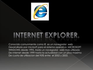 Mozilla firefox. es un navegador  web libre  y de codigo abierto en cuyo Desarrollo puede colaborar  cualquier usuario que lo desee.Es desendiente de MOZILLA APPLICATION SUITE y es desarro-Llado por la FUNDACION MOZILLA.- seguridad.- Compatibilidad con estanderes web.