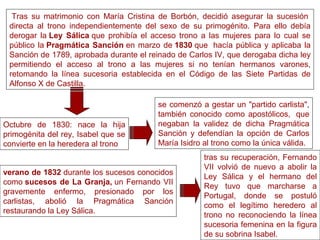 Tras su matrimonio con María Cristina de Borbón, decidió asegurar la sucesión
directa al trono independientemente del sexo de su primogénito. Para ello debía
derogar la Ley Sálica que prohibía el acceso trono a las mujeres para lo cual se
público la Pragmática Sanción en marzo de 1830 que hacía pública y aplicaba la
Sanción de 1789, aprobada durante el reinado de Carlos IV, que derogaba dicha ley
permitiendo el acceso al trono a las mujeres si no tenían hermanos varones,
retomando la línea sucesoria establecida en el Código de las Siete Partidas de
Alfonso X de Castilla.
Octubre de 1830: nace la hija
primogénita del rey, Isabel que se
convierte en la heredera al trono
se comenzó a gestar un "partido carlista",
también conocido como apostólicos, que
negaban la validez de dicha Pragmática
Sanción y defendían la opción de Carlos
María Isidro al trono como la única válida.
verano de 1832 durante los sucesos conocidos
como sucesos de La Granja, un Fernando VII
gravemente enfermo, presionado por los
carlistas, abolió la Pragmática Sanción
restaurando la Ley Sálica.
tras su recuperación, Fernando
VII volvió de nuevo a abolir la
Ley Sálica y el hermano del
Rey tuvo que marcharse a
Portugal, donde se postuló
como el legítimo heredero al
trono no reconociendo la línea
sucesoria femenina en la figura
de su sobrina Isabel.
 