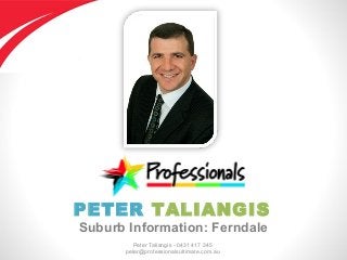 Peter Taliangis - 0431 417 345
peter@professionalsultimate.com.au
PETER TALIANGIS
Suburb Information: Ferndale
 