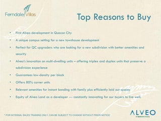 * FOR INTERNAL SALES TRAINING ONLY, CAN BE SUBJECT TO CHANGE WITHOUT PRIOR NOTICE
Top Reasons to Buy
• First Alveo development in Quezon City
• A unique campus setting for a new townhouse development
• Perfect for QC upgraders who are looking for a new subdivision with better amenities and
security
• Alveo’s innovation on multi-dwelling units – offering triplex and duplex units that preserve a
subdivision experience
• Guarantees low-density per block
• Offers 80% corner units
• Relevant amenities for instant bonding with family plus efficiently laid out spaces
• Equity of Alveo Land as a developer --- constantly innovating for our buyers to live well.
 