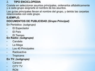 2. TIPO ENCICLOPEDIA
Cosiste en seleccionar asuntos principales, ordenarlos alfabéticamente
y a cada grupo asignarle el nombre de los asuntos.
Las guías principales llevan el nombre del grupo, y detrás las carpetas
relacionadas con este grupo.
EJEMPLO.
DOCUMENTOS DE PUBLICIDAD (Grupo Principal)
En Periódico: (subgrupo)
- El Espectador
- El País
- El Tiempo
En Radio: (subgrupo)
- Candela
- La Mega
- Los 40 Principales
- Radioactiva
- Tropicana
En TV: (subgrupo)
- Caracol
- CITY TV
- RCN
 