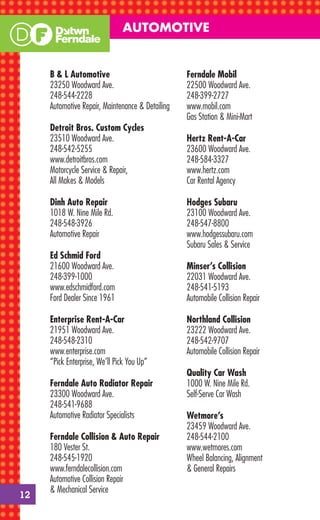 AUTOMOTIVE


     B & L Automotive                             Ferndale Mobil
     23250 Woodward Ave.                          22500 Woodward Ave.
     248-544-2228                                 248-399-2727
     Automotive Repair, Maintenance & Detailing   www.mobil.com
                                                  Gas Station & Mini-Mart
     Detroit Bros. Custom Cycles
     23510 Woodward Ave.                          Hertz Rent-A-Car
     248-542-5255                                 23600 Woodward Ave.
     www.detroitbros.com                          248-584-3327
     Motorcycle Service & Repair,                 www.hertz.com
     All Makes & Models                           Car Rental Agency

     Dinh Auto Repair                             Hodges Subaru
     1018 W. Nine Mile Rd.                        23100 Woodward Ave.
     248-548-3926                                 248-547-8800
     Automotive Repair                            www.hodgessubaru.com
                                                  Subaru Sales & Service
     Ed Schmid Ford
     21600 Woodward Ave.                          Minser’s Collision
     248-399-1000                                 22031 Woodward Ave.
     www.edschmidford.com                         248-541-5193
     Ford Dealer Since 1961                       Automobile Collision Repair

     Enterprise Rent-A-Car                        Northland Collision
     21951 Woodward Ave.                          23222 Woodward Ave.
     248-548-2310                                 248-542-9707
     www.enterprise.com                           Automobile Collision Repair
     “Pick Enterprise, We’ll Pick You Up”
                                                  Quality Car Wash
     Ferndale Auto Radiator Repair                1000 W. Nine Mile Rd.
     23300 Woodward Ave.                          Self-Serve Car Wash
     248-541-9688
     Automotive Radiator Specialists              Wetmore’s
                                                  23459 Woodward Ave.
     Ferndale Collision & Auto Repair             248-544-2100
     180 Vester St.                               www.wetmores.com
     248-545-1920                                 Wheel Balancing, Alignment
     www.ferndalecollision.com                    & General Repairs
     Automotive Collision Repair
     & Mechanical Service
12
 