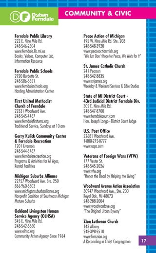 COMMUNITY & CIVIC


Ferndale Public Library                    Peace Action of Michigan
222 E. Nine Mile Rd.                       195 W. Nine Mile Rd. Ste. 208
248-546-2504                               248-548-3920
www.ferndale.lib.mi.us                     www.peaceactionmich.org
Books, Videos, Computer Lab,               “We Just Don’t Hope for Peace, We Work for It”
Information Resource
                                           St. James Catholic Church
Ferndale Public Schools                    241 Pearson
2920 Burdette St.                          248-542-8835
248-586-8651                               www.st-james.org
www.ferndaleschools.org                    Weekday & Weekend Services & Bible Studies
Harding Administration Center
                                           State of MI District Court -
First United Methodist                     43rd Judicial District Ferndale Div.
Church of Ferndale                         305 E. Nine Mile Rd.
22331 Woodward Ave.                        248-547-8700
248-545-4467                               www.ferndalecourt.com
www.ferndaleﬁrstumc.org                    Hon. Joseph Longo - District Court Judge
Traditional Service, Sundays at 10 am
                                           U.S. Post Ofﬁce
Gerry Kulick Community Center              22681 Woodward Ave.
& Ferndale Recreation                      1-800-275-8777
1201 Livernois                             www.usps.com
248-544-6767
www.ferndalerecreation.org                 Veterans of Foreign Wars (VFW)
Programs & Activities for All Ages,        177 Vester St.
Rental Facilities                          248-545-2026
                                           www.vfw.org
Michigan Suburbs Alliance                  “Honor the Dead by Helping the Living”
22757 Woodward Ave. Ste. 250
866-960-8803                               Woodward Avenue Action Association
www.michigansuburbsalliance.org            30947 Woodward Ave., Ste. 200
Nonproﬁt Coalition of Southeast Michigan   Royal Oak, MI 48073
Mature Suburbs                             248-288-2004
                                           www.woodwardave.org
Oakland Livingston Human                   “The Original Urban Byway”
Service Agency (OLHSA)
345 E. Nine Mile Rd.                       Zion Lutheran Church
248-542-5860                               143 Albany
www.olhsa.org                              248-398-5510
Community Action Agency Since 1964         www.fernzion.org
                                           A Reconciling in Christ Congregation         17
 