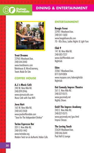 DINING & ENTERTAINMENT


                                                 ENTERTAINMENT

                                                 Boogie Fever
                                                 22901 Woodward Ave.
                                                 248-541-1600
                                                 www.boogiefevercafe.com
                                                 70 - 80s Disco, Ladies Nights & Light Fare

                                                 Club 9
                                                 141 W. Nine Mile Rd.
     Treat Dreams                                248-582-7227
     22965 Woodward Ave.                         www.club9ferndale.com
     248-544-3440                                Nightclub
     www.treatdreams.com
     Bakehouse & MicroCreamery,                  Eden
     Treats Made On Site                         22061 Woodward Ave.
                                                 877-269-EDEN
     COFFEE HOUSE                                www.myspace.com/edennightclub
                                                 Nightclub
     A.J.’s Music Café
     240 W. Nine Mile Rd.                        Go! Comedy Improv Theatre
     248-399-3946                                261 E. Nine Mile Rd.
     www.ajsmusiccafe.com                        248-327-0575
     Music Café with Free WiFi                   www.gocomedy.net
                                                 Nightly Shows
     Java Hutt
     165 W. Nine Mile Rd.                        GoU! The Improv Academy
     248-542-2438                                243 E. Nine Mile Rd.
     www.javahuttferndale.com                    248-327-0575
     “Java for The Independent Drinker”          www.gocomedy.net/gou.html
                                                 Improv Classes
     Torino Espresso Bar
     201 E. Nine Mile Rd.                        The Loving Touch
     248-593-1442                                22634 Woodward Ave.
     www.torinobar.org                           248-546-3644
     Modern Twist on an Authentic Italian Cafe   Pool Hall & Lounge


30
 