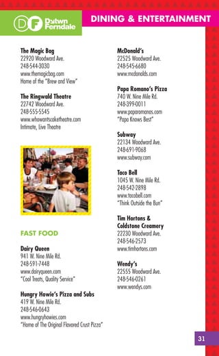 DINING & ENTERTAINMENT


The Magic Bag                                 McDonald’s
22920 Woodward Ave.                           22525 Woodward Ave.
248-544-3030                                  248-545-6680
www.themagicbag.com                           www.mcdonalds.com
Home of the “Brew and View”
                                              Papa Romano’s Pizza
The Ringwald Theatre                          740 W. Nine Mile Rd.
22742 Woodward Ave.                           248-399-0011
248-555-5545                                  www.paparomanos.com
www.whowantscaketheatre.com                   “Papa Knows Best”
Intimate, Live Theatre
                                              Subway
                                              22134 Woodward Ave.
                                              248-691-9068
                                              www.subway.com

                                              Taco Bell
                                              1045 W. Nine Mile Rd.
                                              248-542-2898
                                              www.tacobell.com
                                              “Think Outside the Bun”

                                              Tim Hortons &
                                              Coldstone Creamery
FAST FOOD                                     22230 Woodward Ave.
                                              248-546-2573
Dairy Queen                                   www.timhortons.com
941 W. Nine Mile Rd.
248-591-7448                                  Wendy’s
www.dairyqueen.com                            22555 Woodward Ave.
“Cool Treats, Quality Service”                248-546-0261
                                              www.wendys.com
Hungry Howie’s Pizza and Subs
419 W. Nine Mile Rd.
248-546-0643
www.hungryhowies.com
“Home of The Original Flavored Crust Pizza”

                                                                        31
 