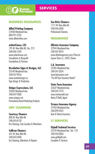 SERVICES


BUSINESS RESOURCES                         Sun Brite Cleaners
                                           1111 W. Nine Mile Rd.
Allied Printing Company                    248-546-3400
22438 Woodward Ave.                        Professional Cleaners
800-791-7232
www.allied-online.com                      INSURANCE

ardentCause, L3C                           Allstate Insurance Company
195 W. Nine Mile Rd. Ste. 212              22944 Woodward Ave.
248-496-1509                               248-547-4010
www.ardentcause.com                        www.allstateagencies.com/LStorrsJr
Consultants to Nonproﬁt                    Loyner Storrs Jr., LUTCF, Owner
Foundations & Partners
                                           L.A. Insurance
Revolution Signs & Designs, LLC            22305 Woodward Ave.
23140 Woodward Ave.                        248-541-3334
248-767-9956                               www.lainsurance.com
www.revolutionsigns.us                     “For All Your Insurance Needs”
Sign Design & Production
                                           State Farm Insurance
Unique Expressions, LLC                    22637 Woodward Ave.
22050 Woodward Ave.                        248-542-7770
248-547-9300                               www.martyoneill.com
www.uniquex.net                            Marty O’Neill, Agent
Promotional Brand Marketing Products
                                           Strauss Insurance Agency
DRY CLEANING                               21950 Woodward Ave.
                                           248-399-4422
Courtesy Cleaners                          Auto & Home Insurance
800 W. Nine Mile Rd.
248-545-0120                               I T SERVICES
Dry Cleaning, Coin Laundry & Alterations
                                           Flyball Technical Services
Sullivan Cleaners                          22720 Woodward Ave. Ste. 110
431 W. Nine Mile Rd.                       248-544-2883
248-543-2400                               www.goﬂyball.com
Dry Cleaning, Alterations & Repairs        Complete IT Services

                                                                                69
 