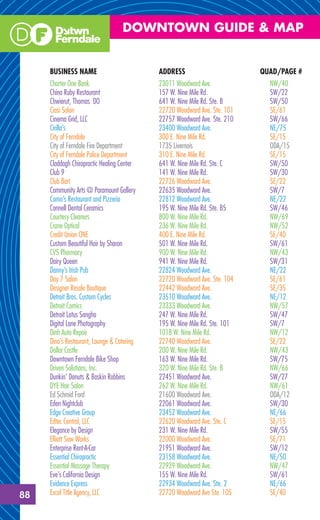DOWNTOWN GUIDE & MAP


     BUSINESS NAME                          ADDRESS                         QUAD/PAGE #
     Charter One Bank                       23011 Woodward Ave.               NW/40
     China Ruby Restaurant                  157 W. Nine Mile Rd.              SW/22
     Chwierut, Thomas DO                    641 W. Nine Mile Rd. Ste. B       SW/50
     Ciasi Salon                            22720 Woodward Ave. Ste. 101      SE/61
     Cinema Grid, LLC                       22757 Woodward Ave. Ste. 210      SW/66
     Cirilla’s                              23400 Woodward Ave.               NE/75
     City of Ferndale                       300 E. Nine Mile Rd.              SE/15
     City of Ferndale Fire Department       1735 Livernois                    ODA/15
     City of Ferndale Police Department     310 E. Nine Mile Rd.              SE/15
     Claddagh Chiropractic Healing Center   641 W. Nine Mile Rd. Ste. C       SW/50
     Club 9                                 141 W. Nine Mile Rd.              SW/30
     Club Bart                              22726 Woodward Ave.               SE/22
     Community Arts @ Paramount Gallery     22635 Woodward Ave.               SW/7
     Como’s Restaurant and Pizzeria         22812 Woodward Ave.               NE/22
     Connell Dental Ceramics                195 W. Nine Mile Rd. Ste. B5      SW/46
     Courtesy Cleaners                      800 W. Nine Mile Rd.              NW/69
     Crane Optical                          236 W. Nine Mile Rd.              NW/52
     Credit Union ONE                       400 E. Nine Mile Rd.              SE/40
     Custom Beautiful Hair by Sharon        501 W. Nine Mile Rd.              SW/61
     CVS Pharmacy                           900 W. Nine Mile Rd.              NW/43
     Dairy Queen                            941 W. Nine Mile Rd.              SW/31
     Danny’s Irish Pub                      22824 Woodward Ave.               NE/22
     Day 7 Salon                            22720 Woodward Ave. Ste. 104      SE/61
     Designer Resale Boutique               22442 Woodward Ave.               SE/35
     Detroit Bros. Custom Cycles            23510 Woodward Ave.               NE/12
     Detroit Comics                         23333 Woodward Ave.               NW/57
     Detroit Lotus Sangha                   247 W. Nine Mile Rd.              SW/47
     Digital Lane Photography               195 W. Nine Mile Rd. Ste. 101     SW/7
     Dinh Auto Repair                       1018 W. Nine Mile Rd.             NW/12
     Dino’s Restaurant, Lounge & Catering   22740 Woodward Ave.               SE/22
     Dollar Castle                          200 W. Nine Mile Rd.              NW/43
     Downtown Ferndale Bike Shop            163 W. Nine Mile Rd.              SW/75
     Driven Solutions, Inc.                 320 W. Nine Mile Rd. Ste. B       NW/66
     Dunkin’ Donuts & Baskin Robbins        22451 Woodward Ave.               SW/27
     DYE Hair Salon                         262 W. Nine Mile Rd.              NW/61
     Ed Schmid Ford                         21600 Woodward Ave.               ODA/12
     Eden Nightclub                         22061 Woodward Ave.               SW/30
     Edge Creative Group                    23452 Woodward Ave.               NE/66
     Edtec Central, LLC                     22620 Woodward Ave. Ste. C        SE/15
     Elegance by Design                     231 W. Nine Mile Rd.              SW/55
     Elliott Saw Works                      22000 Woodward Ave.               SE/71
     Enterprise Rent-A-Car                  21951 Woodward Ave.               SW/12
     Essential Chiropractic                 23158 Woodward Ave.               NE/50
     Essential Massage Therapy              22939 Woodward Ave.               NW/47
     Eve’s California Design                155 W. Nine Mile Rd.              SW/61
     Evidence Express                       22934 Woodward Ave. Ste. 2        NE/66
88   Excel Title Agency, LLC                22720 Woodward Ave Ste. 105       SE/40
 