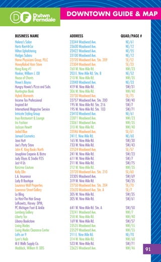 DOWNTOWN GUIDE & MAP


BUSINESS NAME                    ADDRESS                         QUAD/PAGE #
Helena’s Salon                   23344 Woodward Ave.               NE/61
Hertz Rent-A-Car                 23600 Woodward Ave.               NE/12
Hilton Upholstering              23422 Woodward Ave.               NE/55
Hodges Subaru                    23100 Woodward Ave.               NE/12
Home Physicians Group, PLLC      22720 Woodward Ave. Ste. 209      SE/52
HoneyBaked Ham Store             22304 Woodward Ave.               SE/23
Hong Kong #1                     760 W. Nine Mile Rd.              NW/23
Hooker, William J. OD            203 E. Nine Mile Rd. Ste. B       NE/52
House of Chants                  210 W. Nine Mile Rd.              NW/35
Howe’s Bayou                     22848 Woodward Ave.               NE/23
Hungry Howie’s Pizza and Subs    419 W. Nine Mile Rd.              SW/31
Huntington Bank                  306 W. Nine Mile Rd.              NW/40
Hybrid Moments                   22730 Woodward Ave.               SE/75
Income Tax Professional          22757 Woodward Ave. Ste. 200      SW/40
Inspired Art                     195 W. Nine Mile Rd. Ste. 216     SW/7
International Magazine Service   195 W. Nine Mile Rd. Ste. 103     SW/71
Intricate Styling Group          23410 Woodward Ave.               NE/61
Inyo Restaurant & Lounge         22871 Woodward Ave.               NW/23
Iris Fashion                     23061 Woodward Ave.               NW/35
Jackson Hewitt                   310 W. Nine Mile Rd.              NW/40
Jaded Blue                       22046 Woodward Ave.               SE/61
Jameel Cosmetics                 241 E. Nine Mile Rd.              NE/60
Java Hutt                        165 W. Nine Mile Rd.              SW/30
Joe’s Party Store                733 W. Nine Mile Rd.              SW/43
John K. King Books North         22524 Woodward Ave.               SE/57
Josephine Creperie & Bistro      241 W. Nine Mile Rd.              SW/23
Judy Eliyas & Studio 925         611 W. Nine Mile Rd.              SW/7
Just 4 Us                        211 W. Nine Mile Rd.              SW/75
Karizma Couture                  212 W. Nine Mile Rd.              NW/35
Kelly Olin                       22720 Woodward Ave. Ste. 210      SE/60
L.A. Insurance                   22305 Woodward Ave.               SW/69
Lady B Boutique                  319 W. Nine Mile Rd.              SW/35
Laurence Wolf Properties         22750 Woodward Ave. Ste. 204      SE/70
Lawrence Street Gallery          22620 Woodward Ave. Ste. A        SE/7
Le Bling                         305 W. Nine Mile Rd.              SW/35
Le Host-The Hair Group           305 W. Nine Mile Rd.              SW/61
Lefkowitz, Harvey DPM,
PC Michigan Foot & Ankle         641 W. Nine Mile Rd. Ste. A       SW/50
Lemberg Gallery                  23241 Woodward Ave.               NW/7
Liberty Tax                      258 W. Nine Mile Rd.              NW/40
Library Bookstore                169 W. Nine Mile Rd.              SW/57
Living Modes                     23535 Woodward Ave.               NW/55
Living Modes Clearance Center    23529 Woodward Ave.               NW/55
Lofts on 9                       211 E. Nine Mile Rd.              NE/70
Lynn’s Nails                     314 W. Nine Mile Rd.              NW/60
M E Wells Supply Co.             523 W. Nine Mile Rd.              SW/71
Maddock, William H. DDS          23625 Woodward Ave.               NW/46       91
 