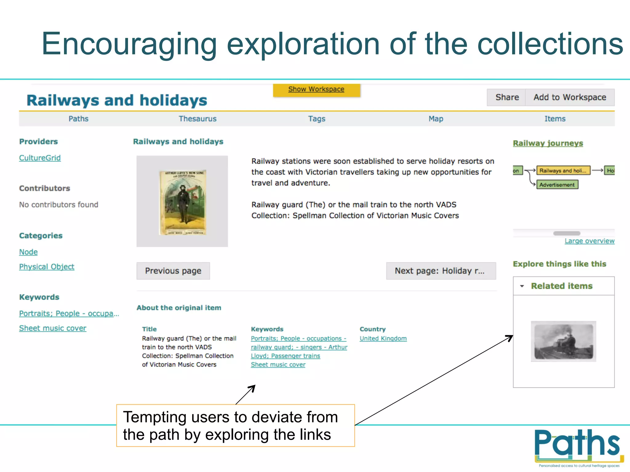 Encouraging exploration of the collections

Tempting users to deviate from
the path by exploring the links

 