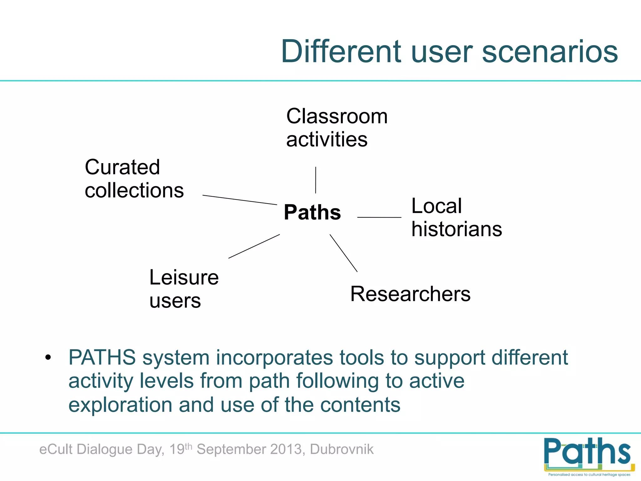 Different user scenarios
Classroom
activities
Curated
collections

Leisure
users

Local
historians

Paths

Researchers

•  PATHS system incorporates tools to support different
activity levels from path following to active
exploration and use of the contents
eCult Dialogue Day, 19th September 2013, Dubrovnik

 