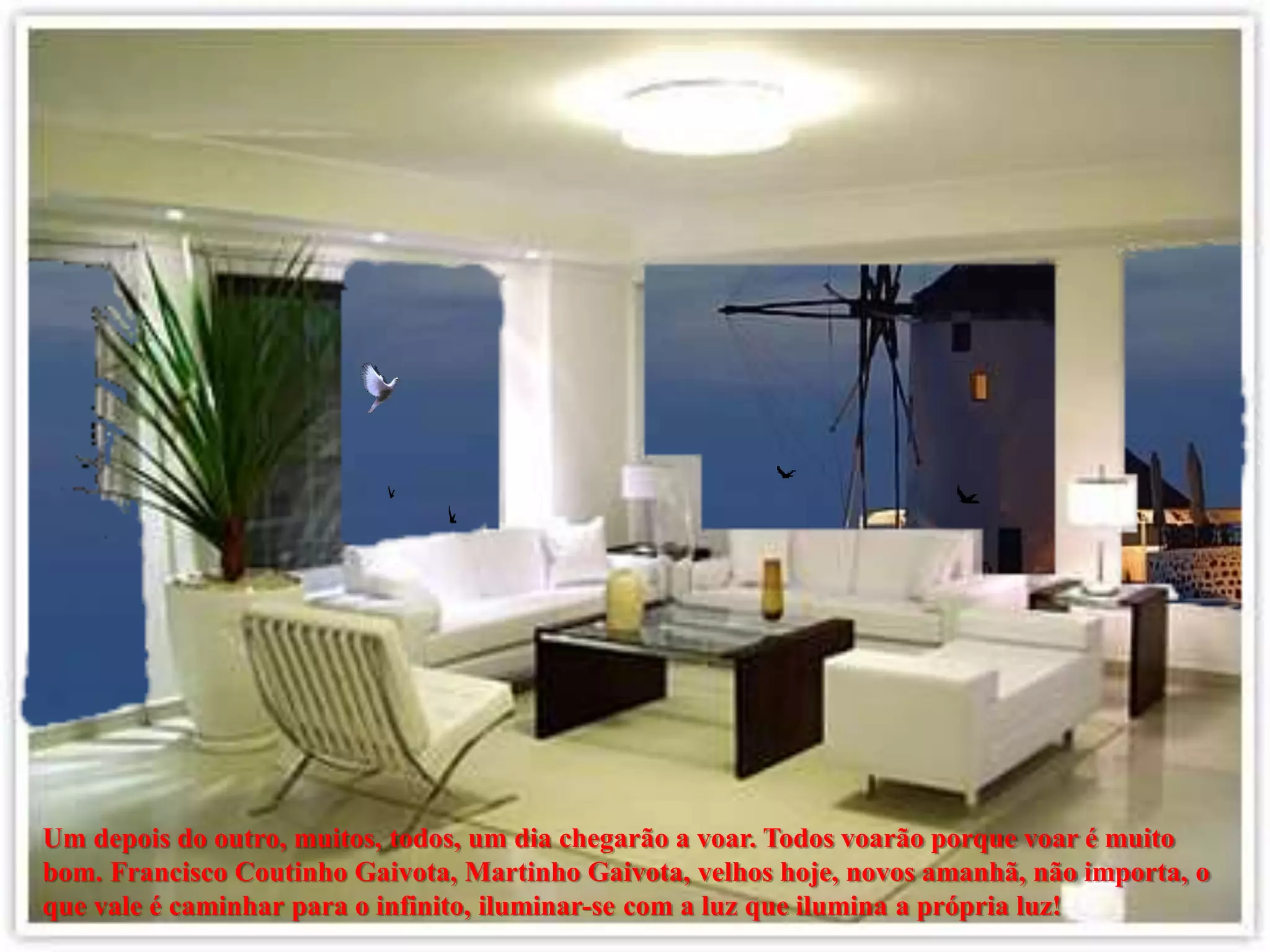 Um depois do outro, muitos, todos, um dia chegarão a voar. Todos voarão porque voar é muito
bom. Francisco Coutinho Gaivota, Martinho Gaivota, velhos hoje, novos amanhã, não importa, o
que vale é caminhar para o infinito, iluminar-se com a luz que ilumina a própria luz!
 