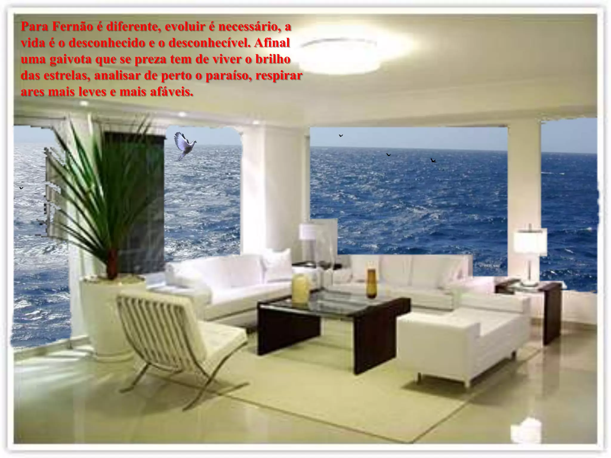 Para Fernão é diferente, evoluir é necessário, a
vida é o desconhecido e o desconhecível. Afinal
uma gaivota que se preza tem de viver o brilho
das estrelas, analisar de perto o paraíso, respirar
ares mais leves e mais afáveis.
 