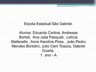 Escola Estadual São Gabriel.

     Alunos: Eduarda Cortina, Andressa
     Bortoli, Ana Julia Pasquali, Letícia
Stefanello, Anne Karoline Pires, João Pedro
Mendes Bortolini, Julio Ceni Toazza, Gabriel
                   Duarte.
                  1 ano - A
 