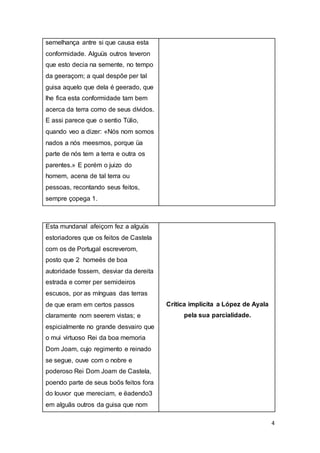 4
semelhança antre si que causa esta
conformidade. Alguüs outros teveron
que esto decia na semente, no tempo
da geeraçom; a qual despõe per tal
guisa aquelo que dela é geerado, que
lhe fica esta conformidade tam bem
acerca da terra como de seus dívidos.
E assi parece que o sentio Túlio,
quando veo a dizer: «Nós nom somos
nados a nós meesmos, porque üa
parte de nós tem a terra e outra os
parentes.» E porém o juizo do
homem, acena de tal terra ou
pessoas, recontando seus feitos,
sempre çopega 1.
Esta mundanal afeiçom fez a alguüs
estoriadores que os feitos de Castela
com os de Portugal escreverom,
posto que 2 homeës de boa
autoridade fossem, desviar da dereita
estrada e correr per semideiros
escusos, por as mínguas das terras
de que eram em certos passos
claramente nom seerem vistas; e
espicialmente no grande desvairo que
o mui virtuoso Rei da boa memoria
Dom Joam, cujo regimento e reinado
se segue, ouve com o nobre e
poderoso Rei Dom Joam de Castela,
poendo parte de seus boõs feitos fora
do louvor que mereciam, e ëadendo3
em alguãs outros da guisa que nom
Crítica implícita a López de Ayala
pela sua parcialidade.
 