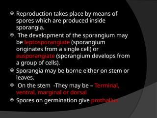  Reproduction takes place by means of
spores which are produced inside
sporangia.
 The development of the sporangium may
be leptosporangiate (sporangium
originates from a single cell) or
eusporangiate (sporangium develops from
a group of cells).
 Sporangia may be borne either on stem or
leaves.
 On the stem -They may be – Terminal,
ventral, marginal or dorsal
 Spores on germination give prothallus
 