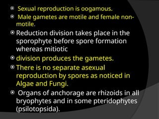  Sexual reproduction is oogamous.
 Male gametes are motile and female non-
motile.
 Reduction division takes place in the
sporophyte before spore formation
whereas mitiotic
 division produces the gametes.
 There is no separate asexual
reproduction by spores as noticed in
Algae and Fungi.
 Organs of anchorage are rhizoids in all
bryophytes and in some pteridophytes
(psilotopsida).
 
