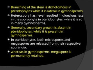  Branching of the stem is dichotomous in
pteridophytes while it is lateral in gymnosperms.
 Heterospory has never resulted in dioeciousness
in the sporophyte in pteridophytes, while it is so
in many gymnosperms.
 Generally, secondary growth is absent in
pteridophytes, while it is present in
gymnosperms.
 In pteridophytes, both microspores and
megaspores are released from their respective
sporangia,
 whereas in gymnosperms, megaspore is
permanently retained.
 