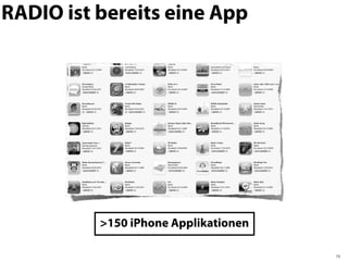 RADIO ist bereits eine App




          >150 iPhone Applikationen

                                      15
 