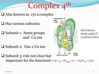 Complex 4th
 Also known as cyt a complex
 Has various subunits
 Subunit 1: heme groups
and Cu ion
 Subunit 2: Has 2 Cu ion
 Subunit 3: role not clear but
important for the functioning of this complex
1510/27/2017
 