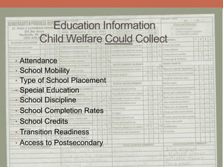 Education Information
Child Welfare Could Collect
• Attendance
• School Mobility
• Type of School Placement
• Special Education
• School Discipline
• School Completion Rates
• School Credits
• Transition Readiness
• Access to Postsecondary
 