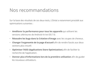Nos recommandations
Sur la base des résultats de ces deux tests, L’Oréal a notamment procédé aux
optimisations suivantes :
•  Améliorer la performance pour tous les appareils qui utilisent les
versions ultérieures de Android 4.4 et iOS 7.0.
•  Résoudre les bugs dans la Création d’image avec les coupes de cheveux.
•  Changer l’ergonomie de la page d’accueil aﬁn de rendre l’accès aux deux
sections plus intuitif.
•  Optimiser l’ASO (Applications Store Optimization) aﬁn de faciliter la
recherche de l’application.
•  Donner plus d’informations lors de la première utilisation aﬁn de guider
les nouveaux utilisateurs.
 