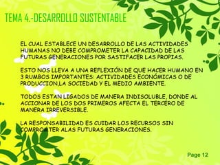 Page 12
TEMA 4.-DESARROLLO SUSTENTABLE
EL CUAL ESTABLECE UN DESARROLLO DE LAS ACTIVIDADES
HUMANAS NO DEBE COMPROMETER LA CAPACIDAD DE LAS
FUTURAS GENERACIONES POR SASTIFACER LAS PROPIAS.
ESTO NOS LLEVA A UNA REFLEXIÓN DE QUE HACER HUMANO EN
3 RUMBOS IMPORTANTES: ACTIVIDADES ECONÓMICAS O DE
PRODUCCION,LA SOCIEDAD Y EL MEDIO AMBIENTE.
TODOS ESTAN LIGADOS DE MANERA INDISOLUBLE, DONDE AL
ACCIONAR DE LOS DOS PRIMEROS AFECTA EL TERCERO DE
MANERA IRREVERSIBLE.
LA RESPONSABILIDAD ES CUIDAR LOS RECURSOS SIN
COMPROMTER ALAS FUTURAS GENERACIONES.
 