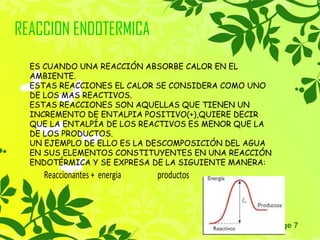 Page 7
REACCION ENDOTERMICA
ES CUANDO UNA REACCIÓN ABSORBE CALOR EN EL
AMBIENTE.
ESTAS REACCIONES EL CALOR SE CONSIDERA COMO UNO
DE LOS MAS REACTIVOS.
ESTAS REACCIONES SON AQUELLAS QUE TIENEN UN
INCREMENTO DE ENTALPIA POSITIVO(+),QUIERE DECIR
QUE LA ENTALPÍA DE LOS REACTIVOS ES MENOR QUE LA
DE LOS PRODUCTOS.
UN EJEMPLO DE ELLO ES LA DESCOMPOSICIÓN DEL AGUA
EN SUS ELEMENTOS CONSTITUYENTES EN UNA REACCIÓN
ENDOTÉRMICA Y SE EXPRESA DE LA SIGUIENTE MANERA:
Reaccionantes + energia productos
 