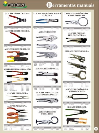 F erramentas manuais
ALICATE PRESSÃO
121835
067806
009873
7.1/2" 137A CV
10" 137 CV
10" CV
Un/1
Cx/10
Cx/10
Gedore
Gedore
Vonder
Código Descrição Emb. Fornec.
ALICATE PARAABRAÇADEIRA
ELÁSTICA
132-30mm Un/1 Gedore
Código Descrição Emb. Fornec.
094480
137-A
137
Vonder
ALICATE PRESSÃO AXIAL
268046
221040
7.3/4" 134-1
7.3/4" 134-6
Un/1
Un/1
Gedore
Gedore
Código Descrição Emb. Fornec.
134-1
134-6
ALICATE PRESSÃO COM
CASTANHA PARALELO
310123 10" 137PA Un/1 Gedore
Código Descrição Emb. Fornec.
ALICATE PRESSÃO
CORTA TUBO
ALICATE PRESSÃO TIPO
CHAVE CORRENTE
146439 10" 136K Un/1 Gedore
Código Descrição Emb. Fornec.
ALICATE PRESSÃO
TIPO PLATAFORMA
147915 8" 136BM Un/1 Gedore
Código Descrição Emb. Fornec.
ALICATE PRESSÃO SOLDA
067920
067881
067970
11" 138U
11" 138X
11" 138Y
Un/1
Un/1
Un/1
Gedore
Gedore
Gedore
Código Descrição Emb. Fornec.
138-U
138-X
138-Y
ALICATE PRESSÃO PARA
SOLDA DE CHAPA
147907 25" 138Z-24 Un/1 Gedore
Código Descrição Emb. Fornec.
ALICATE REBITADOR
131679
139149
MAC3000
Tipo Alicate
Cx/5
Cx/24
Mac fer
Vonder
Código Descrição Emb. Fornec.
MAC3000
Vonder
177
082210
082228
082244
254878
106569
18" 177 CV
24" 177 CV
36" 177 CV
42" 177 CV
18" 1/4"-6mm AC
Un/1
Un/1
Un/1
Un/1
Un/1
Gedore
Gedore
Gedore
Gedore
Vonder
Código Descrição Emb. Fornec.
CORTA(TESOURA) VERGALHÃO
CA-18 Vonder
60568 Não isolado
Isolado
ALICATE CORTE MULTI-USO
324990
010014
8"
9" Eletricista
Cx/6
Cx/6 Vonder
Código Descrição Emb. Fornec.
Eletricista
ALICATE CORTE CENTRAL
ALICATE CORTE FRONTAL
070149 8" 8330 Força Dupla Un/1 Gedore
Código Descrição Emb. Fornec.
081590 6" 374 Un/1
Código Descrição Emb. Fornec.
ALICATE FREIO MOLA
080411 14" 14900 Un/1
Código Descrição Emb. Fornec.
ALICATE MEIA CANA
Código Descrição Emb. Fornec.
094587
324922
009946
5.1/4" 60568 AC
6" AC
6” CV
Cx/12
Cx/6
Cx/6 Vonder
Vonder Isolado
Vonder
Un/1 Gedore
Código Descrição Emb. Fornec.
264130 10" 136CT 49
 