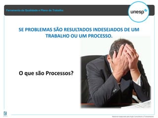 Ferramenta da Qualidade e Plano de Trabalho
Material elaborado pela Ação Consultoria e Treinamento
SE PROBLEMAS SÃO RESULTADOS INDESEJADOS DE UM
TRABALHO OU UM PROCESSO.
O que são Processos?
 