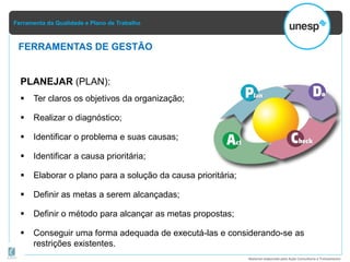 Ferramenta da Qualidade e Plano de Trabalho
Material elaborado pela Ação Consultoria e Treinamento
PLANEJAR (PLAN):
 Ter claros os objetivos da organização;
 Realizar o diagnóstico;
 Identificar o problema e suas causas;
 Identificar a causa prioritária;
 Elaborar o plano para a solução da causa prioritária;
 Definir as metas a serem alcançadas;
 Definir o método para alcançar as metas propostas;
 Conseguir uma forma adequada de executá-las e considerando-se as
restrições existentes.
FERRAMENTAS DE GESTÃO
 