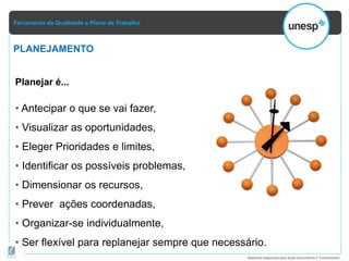 Ferramenta da Qualidade e Plano de Trabalho
Material elaborado pela Ação Consultoria e Treinamento
Planejar é...
• Antecipar o que se vai fazer,
• Visualizar as oportunidades,
• Eleger Prioridades e limites,
• Identificar os possíveis problemas,
• Dimensionar os recursos,
• Prever ações coordenadas,
• Organizar-se individualmente,
• Ser flexível para replanejar sempre que necessário.
PLANEJAMENTO
 